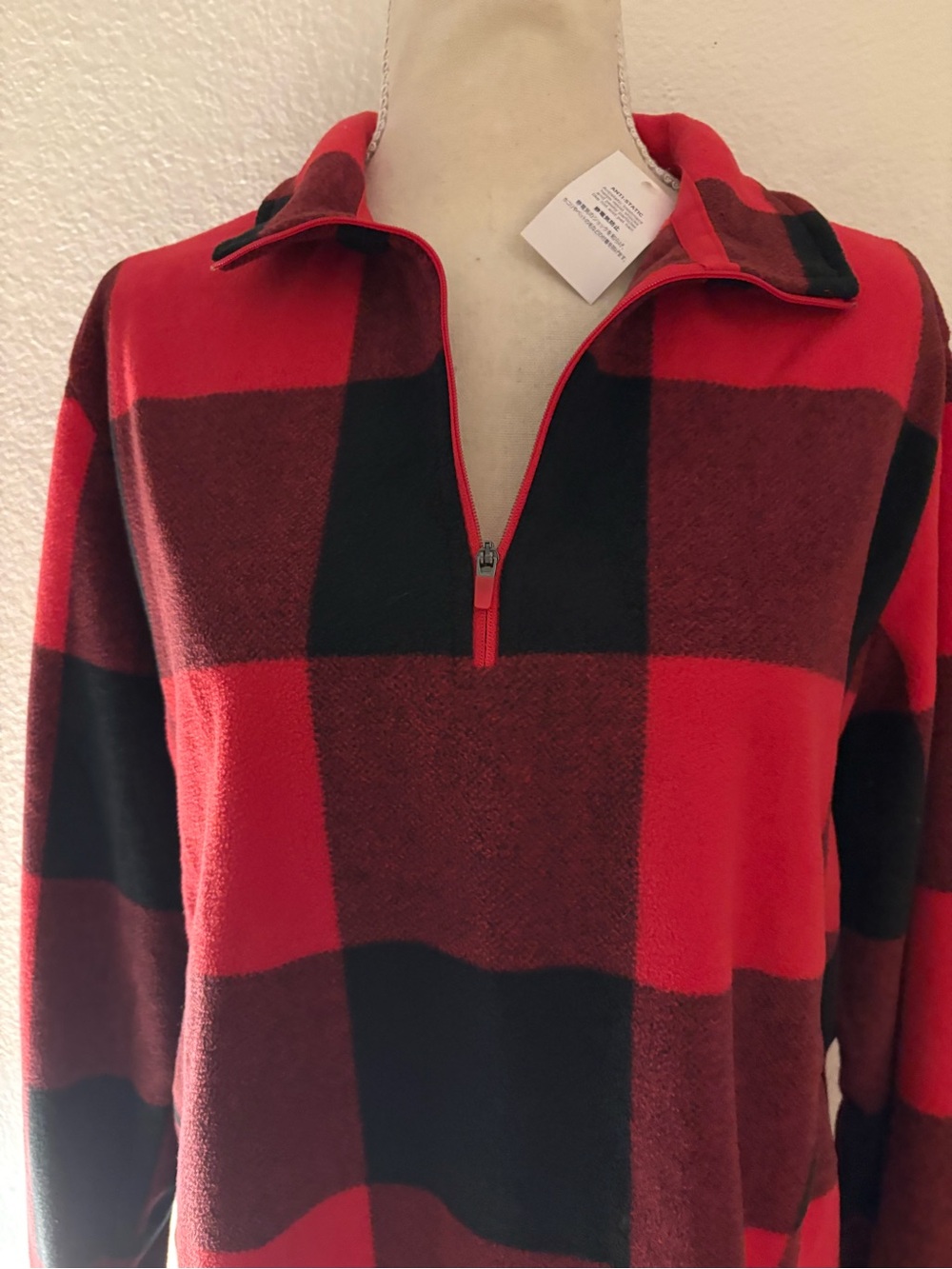 Lands' End Men's Red and Black Buffalo Plaid Quarter-Zip Sweater - Picture 6 of 11
